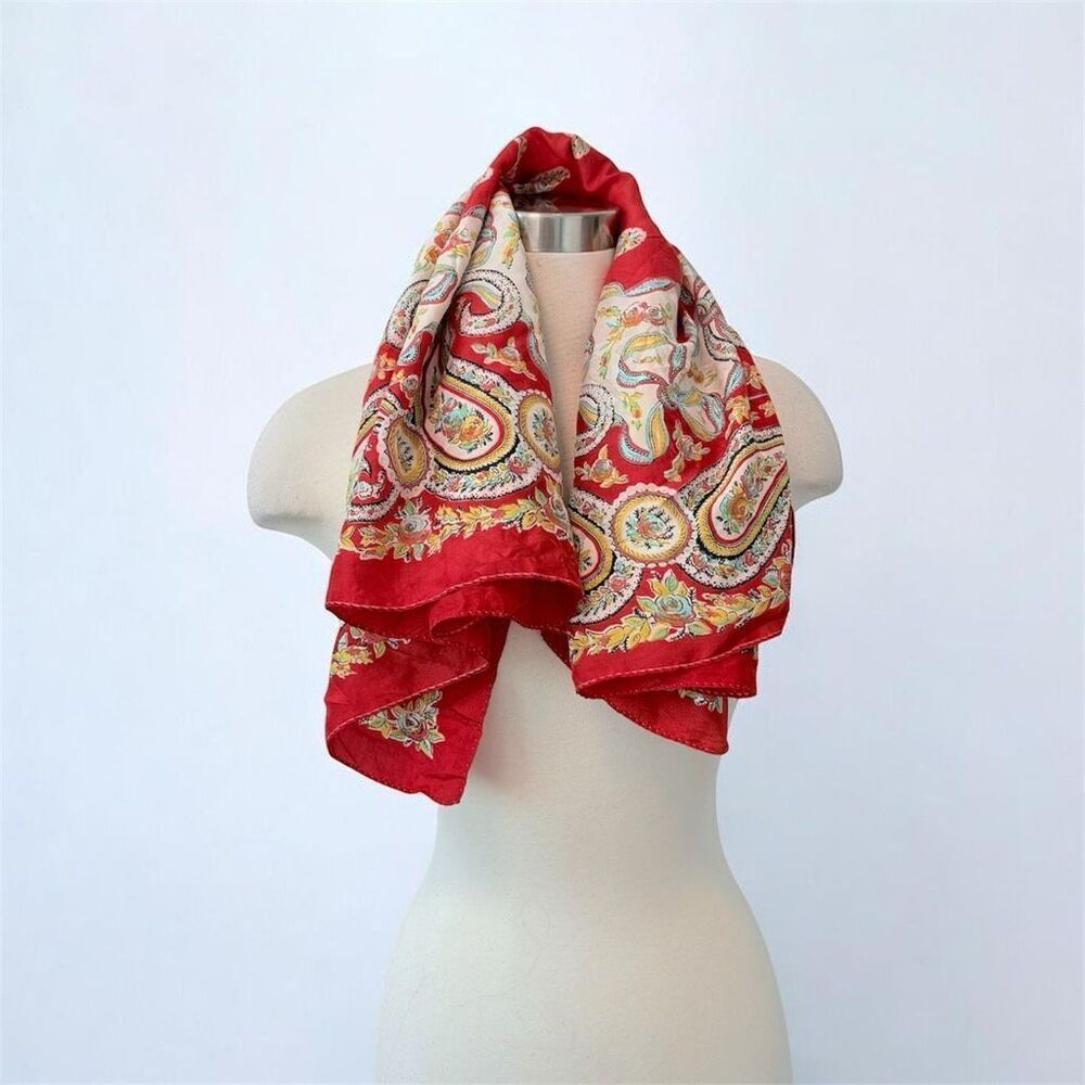 Vintage Glentex Red Paisley Silk Scarf Square 1960s